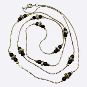 Vintage Station Necklace Gold Tone Knots Black Bead Single Strand Classic 30"